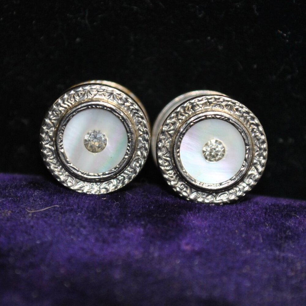 Antique/Vintage Jem Link Art Deco Snap Link Cufflinks with Pearl Shell & Rhinest